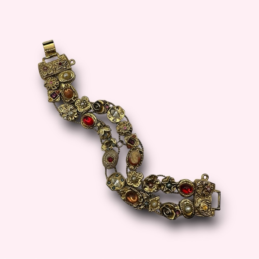 Women’s Vintage Goldette Double Strand Slide Charm Bracelet in Gold Tone